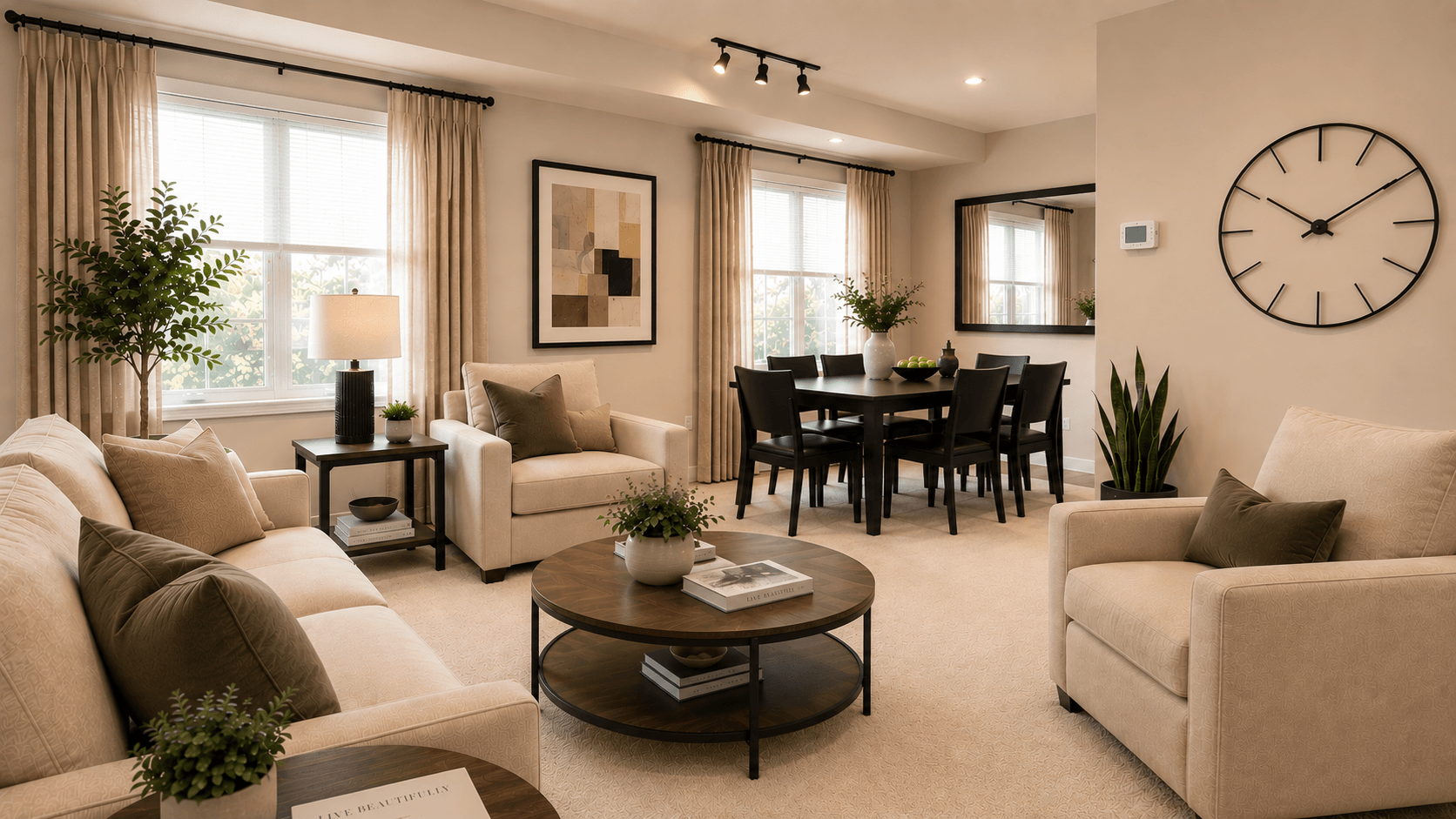 A living room with a large clock on the wall.
